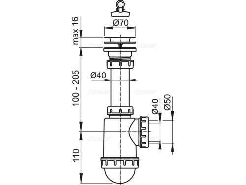 SIFON PENTRU LAVOAR CU VENTIL SITA DIN OTEL INOXIDABIL DN70 - ALCAPLAST A441-DN50/40