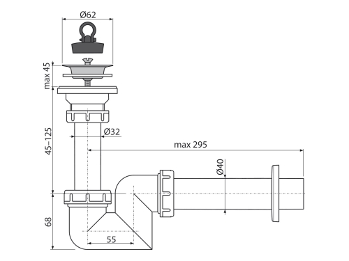 SIFON PENTRU LAVOAR 'S' DN 40 CU SITA DIN OTEL INOXIDABIL DN 63 - ALCAPLAST A412-DN40