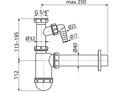 SIFON PENTRU LAVOAR DN40 CU LEGATURA LA MASINA DE SPALAT SI PIULITA 1 1/4' - ALCAPLAST - A43P