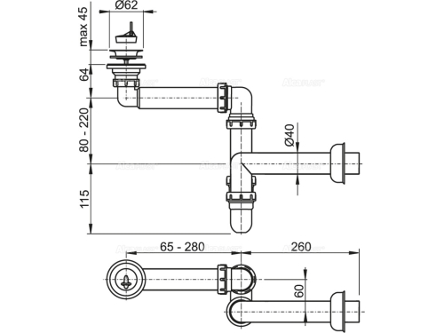 SIFON LAVOAR DN40 CU ECONOMIE SPATIU CU SITA DIN OTEL INOXIDABIL DN63 - ALCAPLAST A413