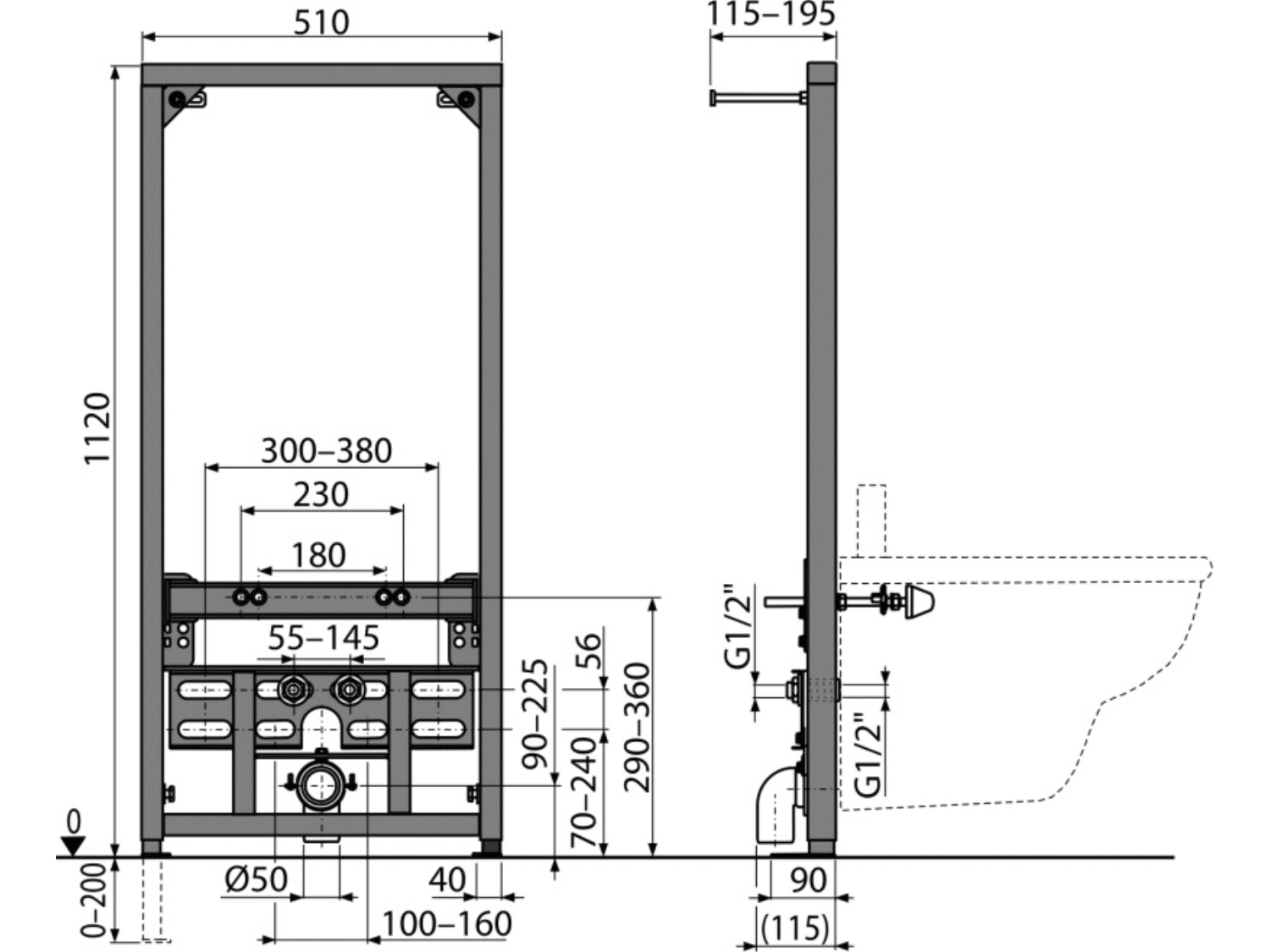 CADRU MONTAJ PENTRU SUSTINERE BIDEU H=1.120 MM - ALCAPLAST A105/1120 2