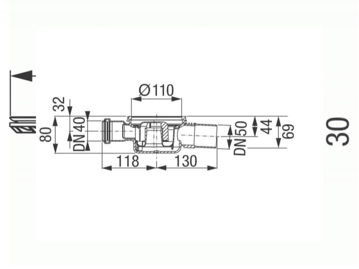 CORP SIFON KESSEL SUPERFLAT CU RACORD LATERAL Ø40 SI EVACUARE LATERALA Ø50 2