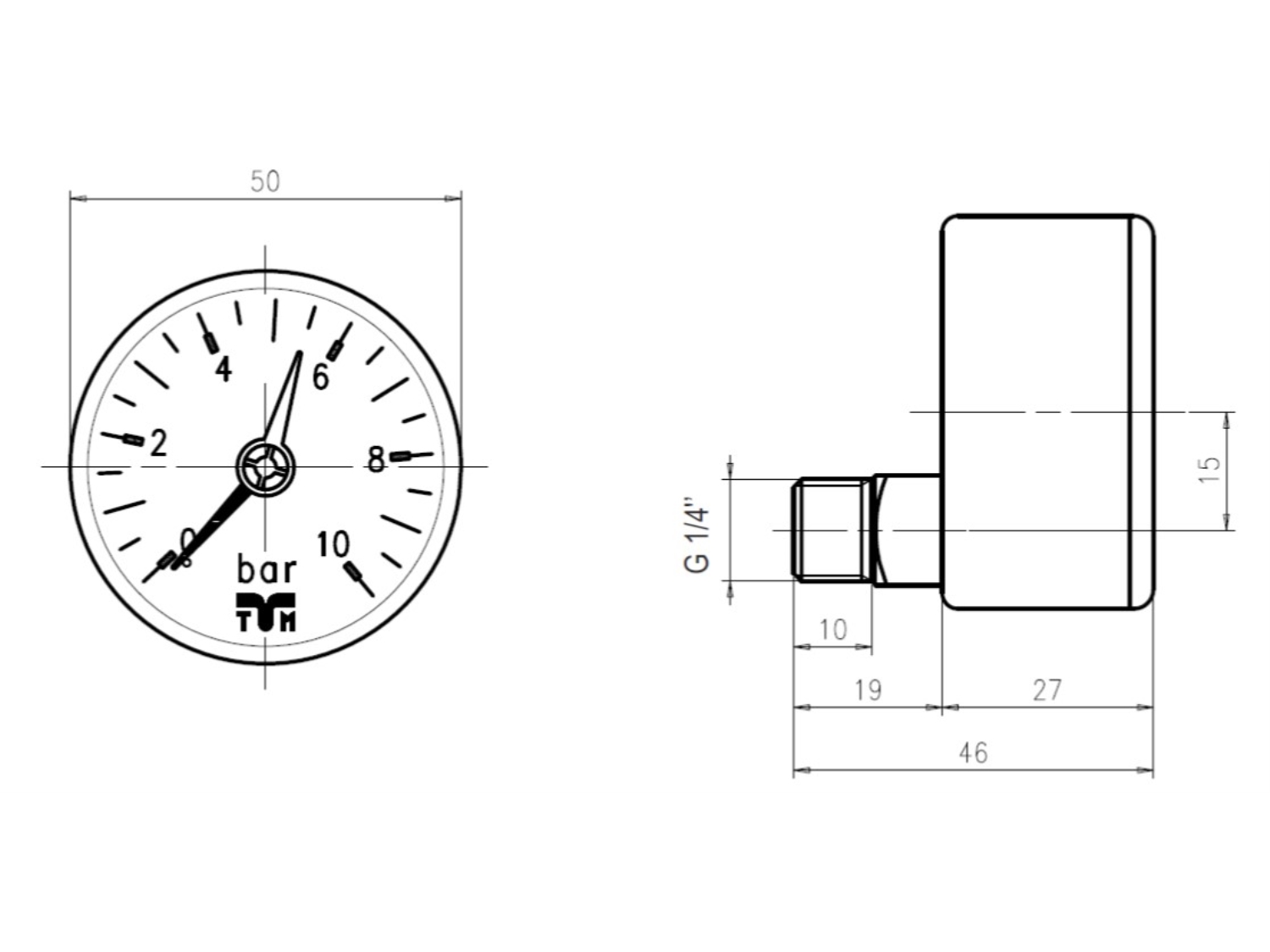 MANOMETRU CU ATAC POSTERIOR 0-10 BAR 1/4 2